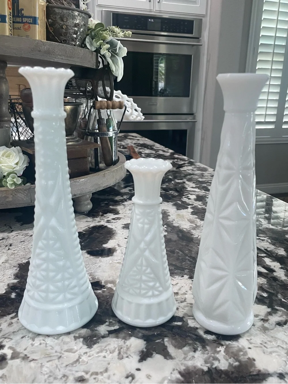 White Milk Glass Geometric Bud Vases Assorted Shape Size Set of 3 - Vintage